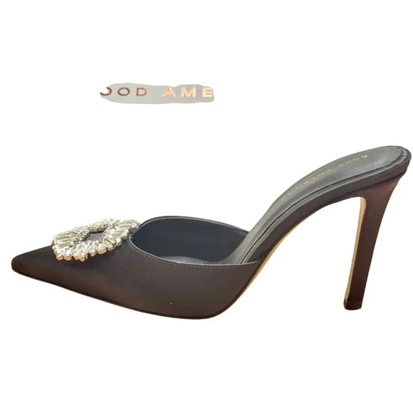 New GOOD AMERICAN Jeweled Glass Slipper Black Satin 4" Heel Mules Women's 9.5 - Picture 6 of 10